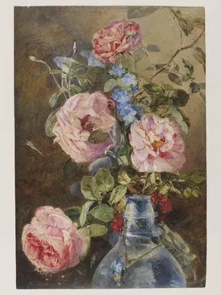 Roses, Convolvulus and Delphiniums in a Glass Vase, by James Holland, watercolor, 1839