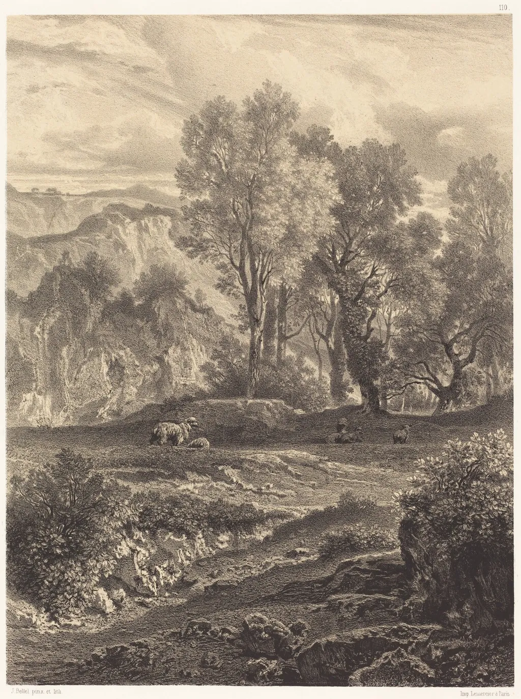 Landscape with Sheep, by Jean-Joseph-François Bellel, ink, 1857