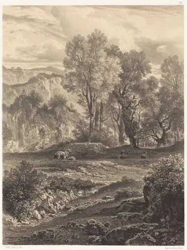 Landscape with Sheep, by Jean-Joseph-François Bellel, ink, 1857