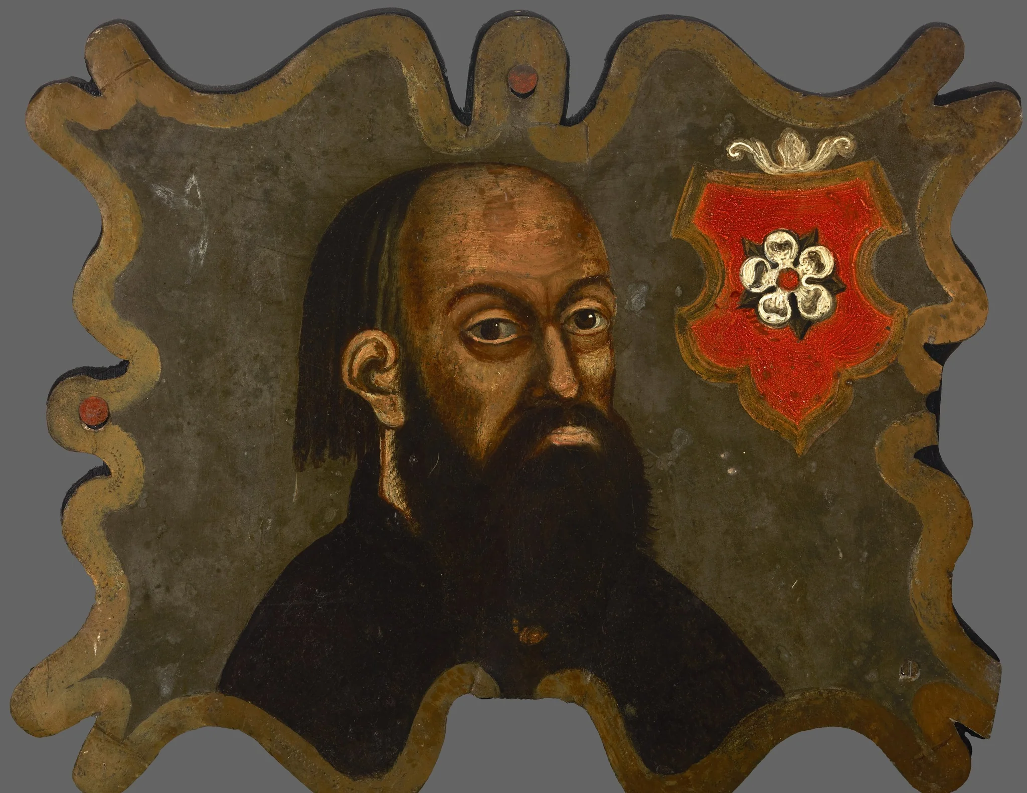 Coffin portrait of a man, Poraj coats of arms, detail