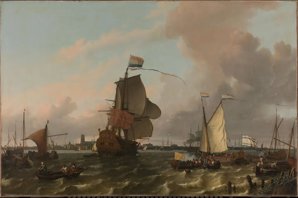 Het oorlogsschip Brielle op de Maas voor Rotterdam, by Ludolf Bakhuizen, unspecified, 1689