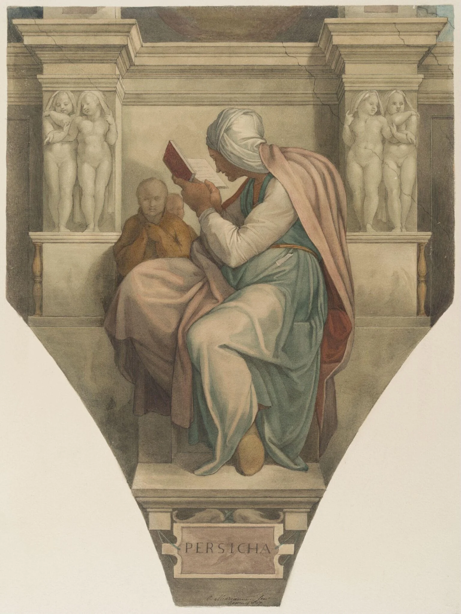 Copy after Michelangelo’s fresco of the ‘Persian Sibyl’ on the Sistine Chapel vault (Sistine Chapel, Rome, 1511-1512)., detail