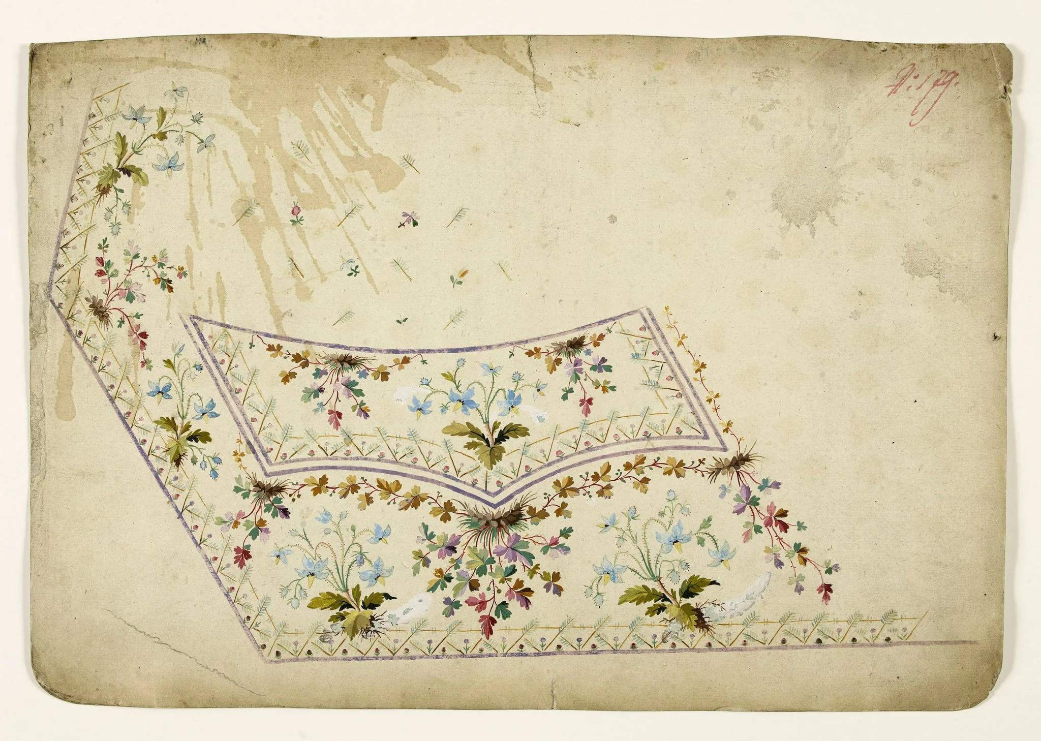 Composition avec bouquets de fleurs sauvages et guirlandes de feuilles d'automne, projets de broderies de gilet, XVIIIème siècle, detail