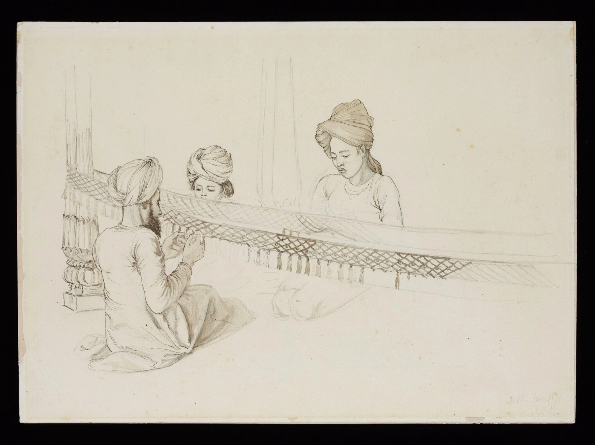 Three boys making a fringe for an elephant decoration, detail