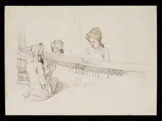 Three boys making a fringe for an elephant decoration, by John Lockwood Kipling, 1870