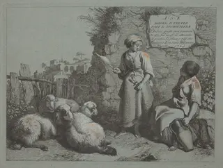 Two Girls Conversing: One Standing and Spinning, by Francesco Londonio, gouache, 1764