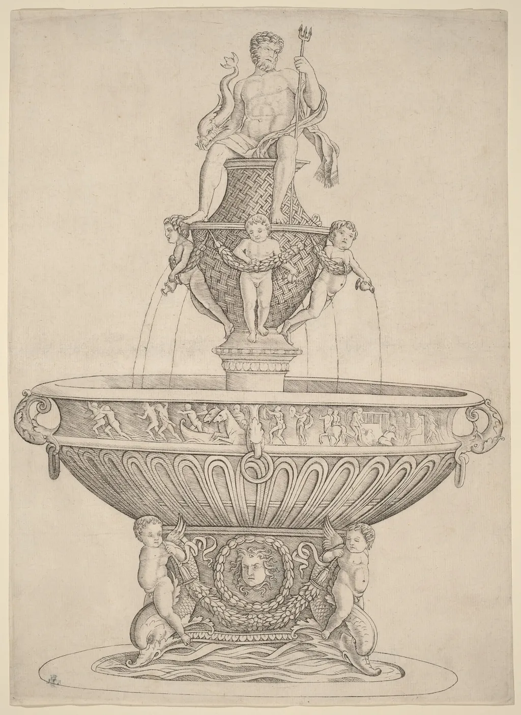 Fountain with Statue of Neptune, by Andrea Zoan, ink, 1482