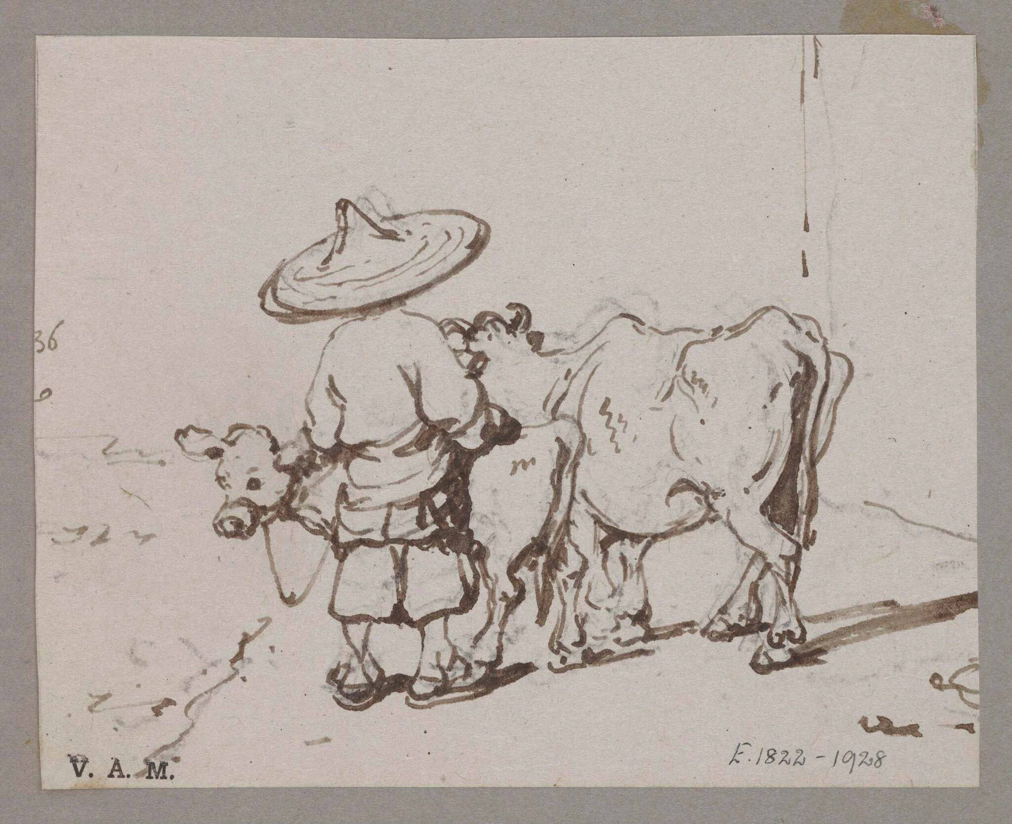 A Chinese figure with a cow and calf, detail