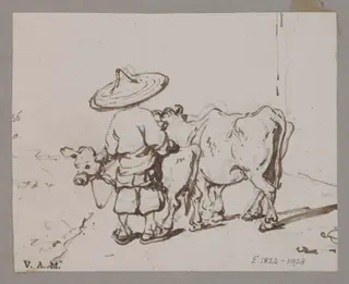 A Chinese figure with a cow and calf, by George Chinnery, 1
