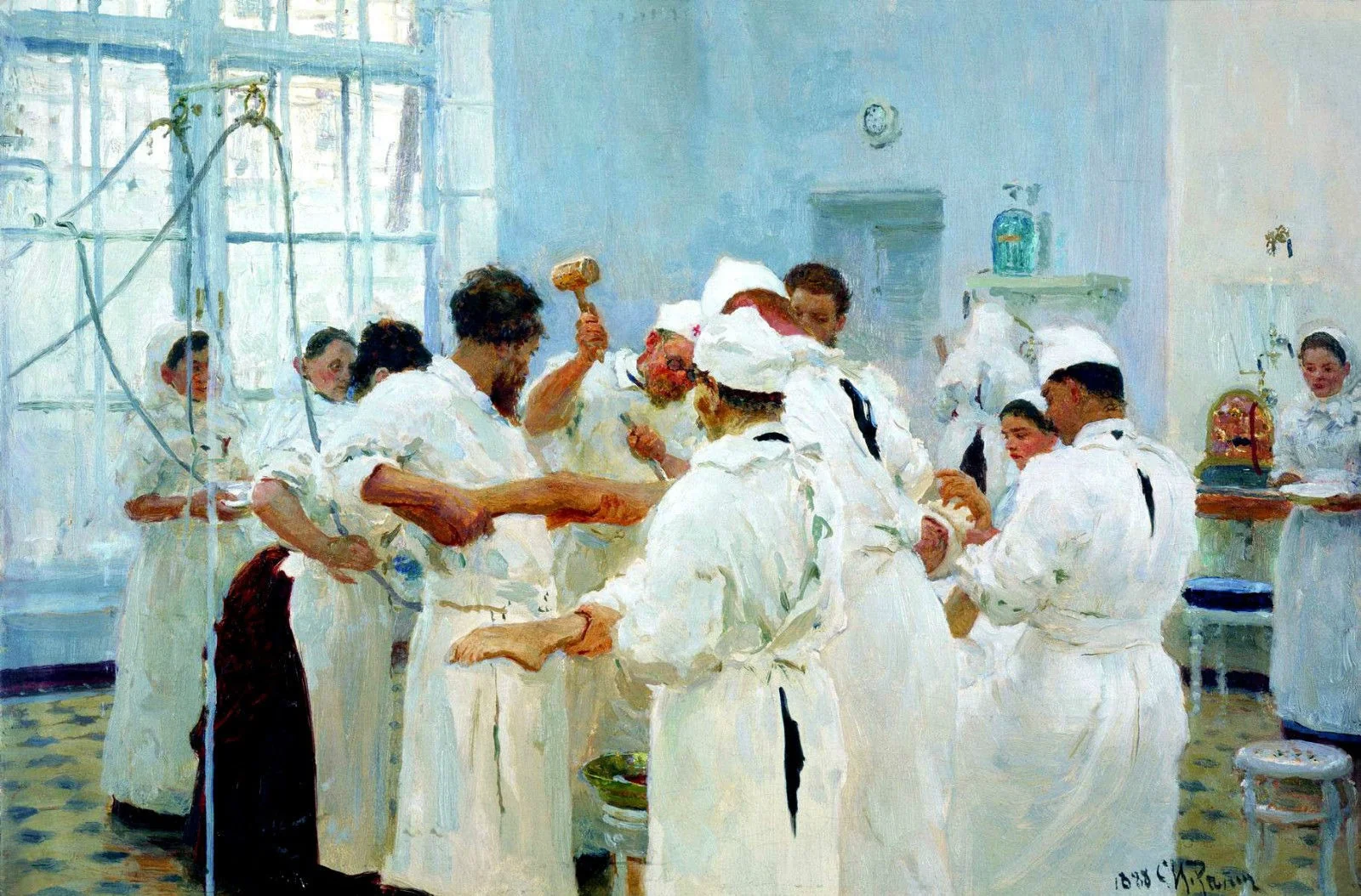 Surgeon E. V. Pavlov in the operating room, detail
