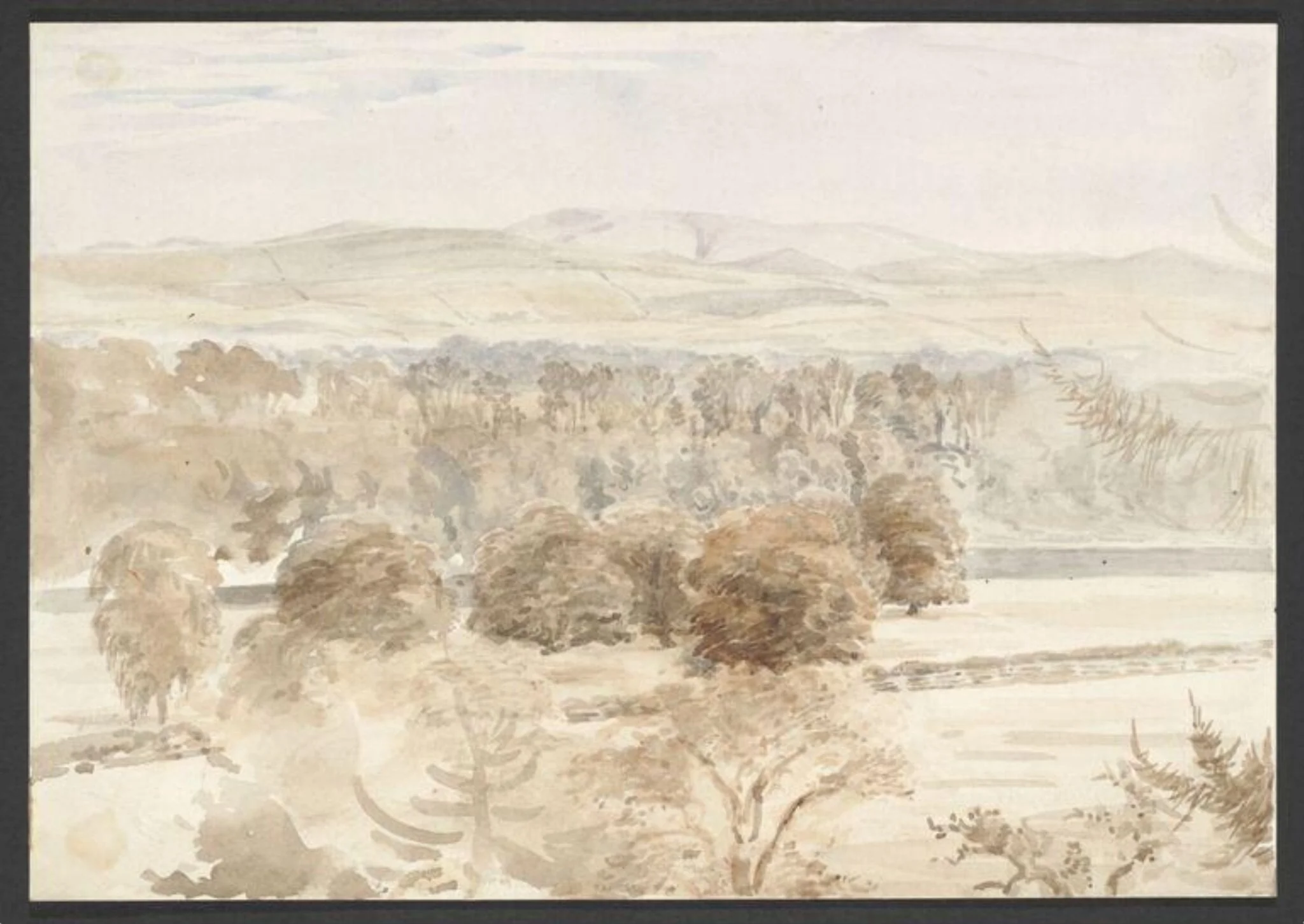 The Tweed surrounded by woodland, with the Cheviots in the background, detail