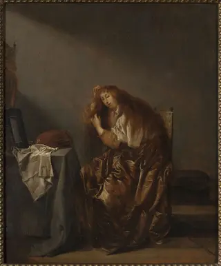 Woman in front of the mirror, by Pieter Codde, oil, 1648