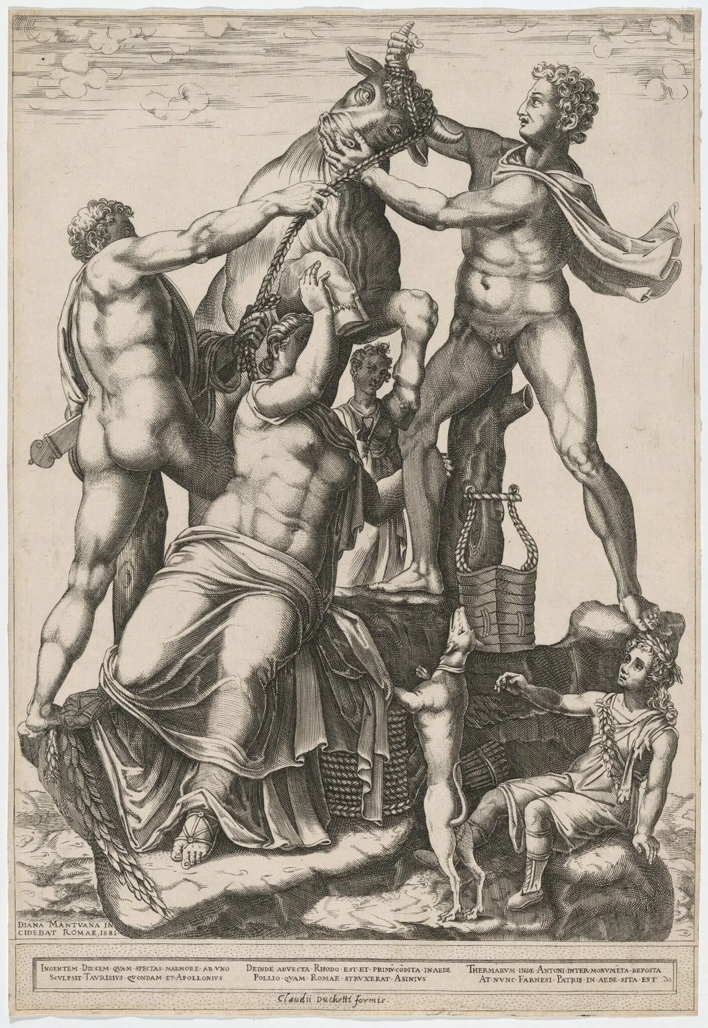 Amphion and Zethus Tying Dirce to a Wild Bull, by Diana Scultori, ink