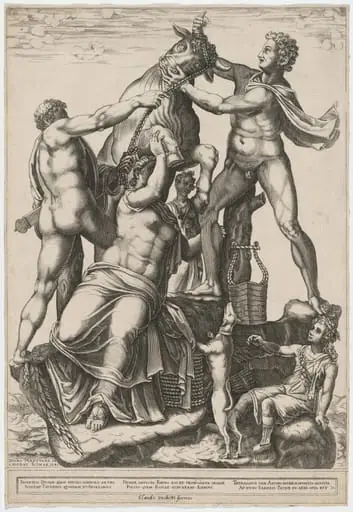 Amphion and Zethus Tying Dirce to a Wild Bull, by Diana Scultori