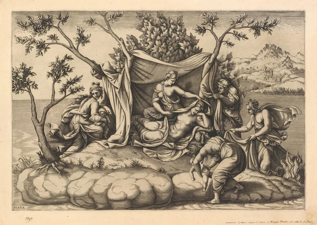 Latona Giving Birth to Apollo and Diana on the Island of Delos, by Diana Scultori, ink, 1563