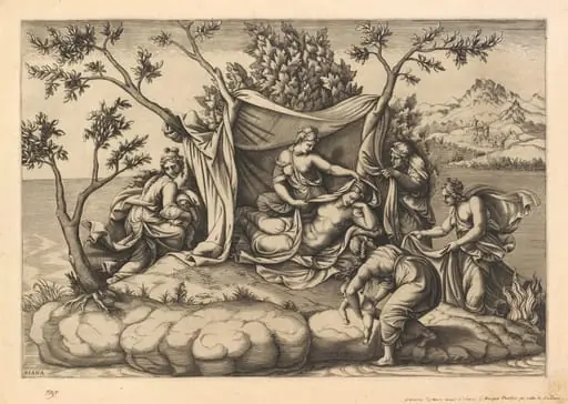 Latona Giving Birth to Apollo and Diana on the Island of Delos, by Diana Scultori