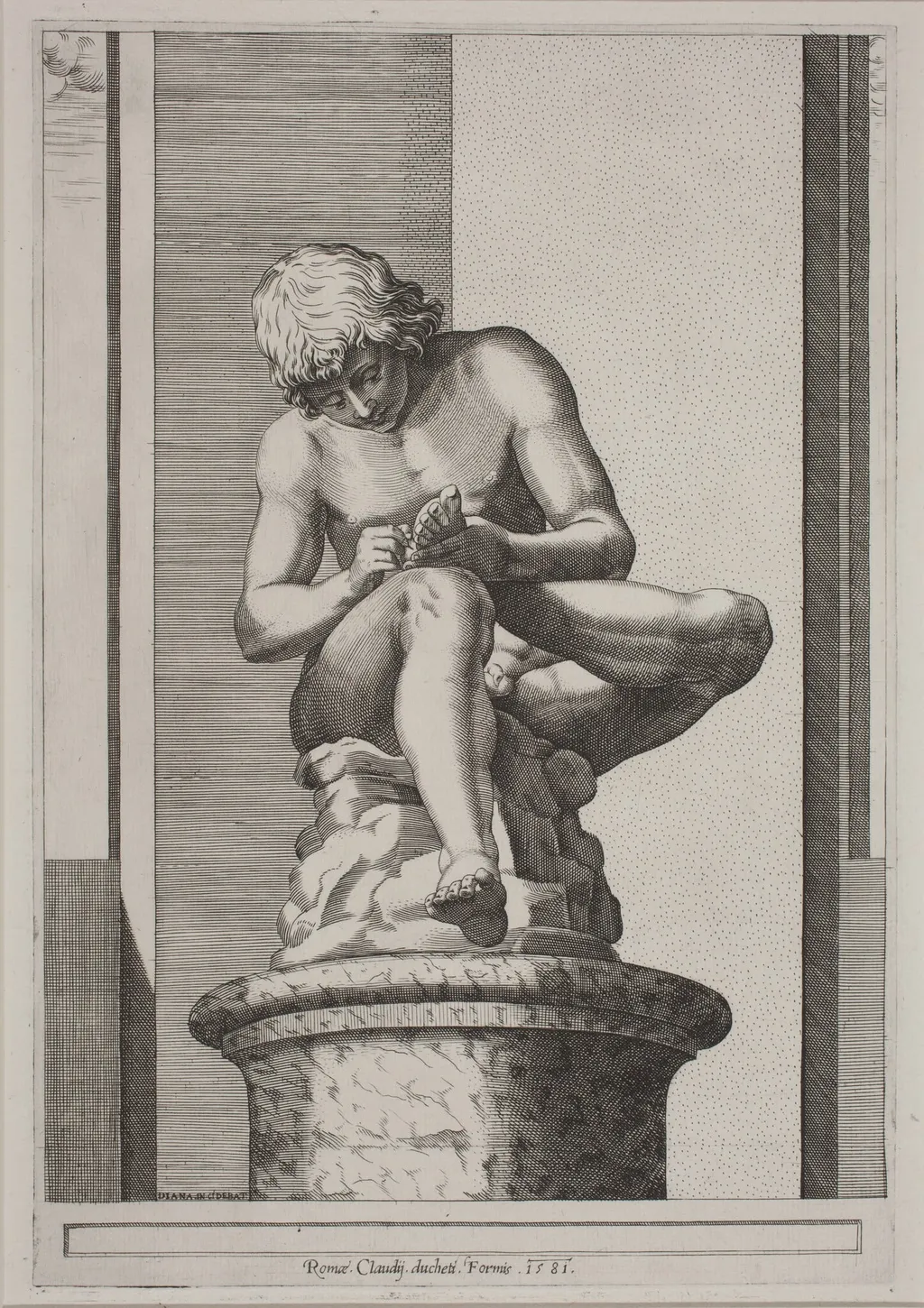 The Spinario, by Diana Scultori, ink