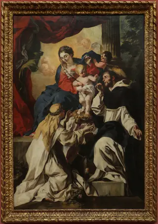 Die thronende Maria mit dem Kind, dem Heiligen Dominikus und der Heiligen Katharina von Siena (Rosenkranzmadonna)