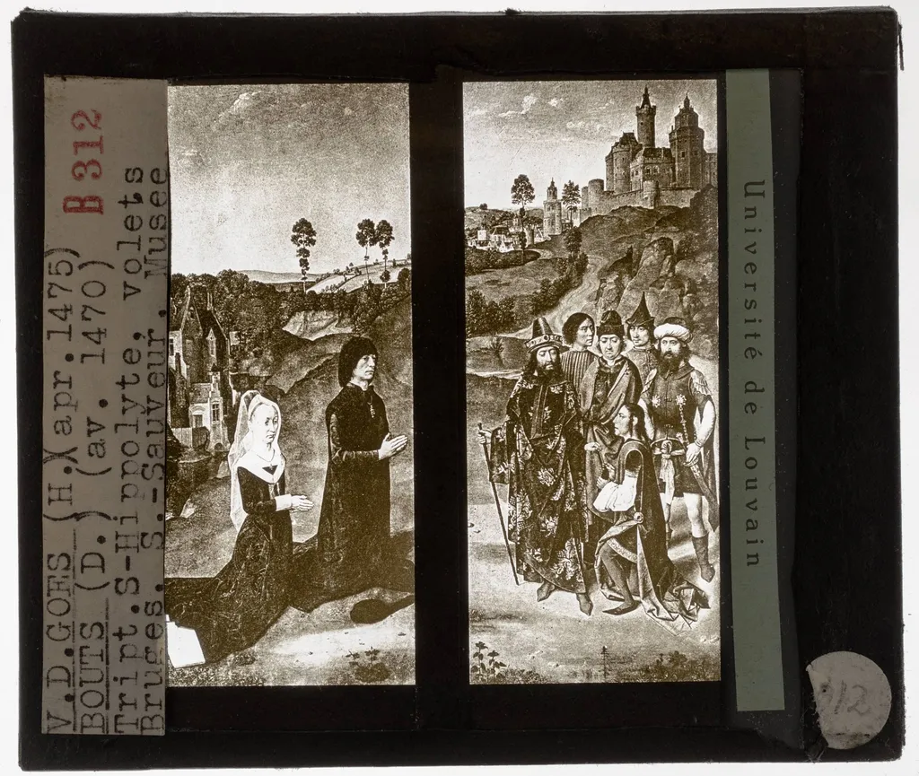 Dirk Bouts (en atelier). Hugo van der Goes. Anoniem. Triptiek met de Marteldood van de Heilige Hippolytus Zijpanelen, voorzijde, by Dieric Bouts, unspecified