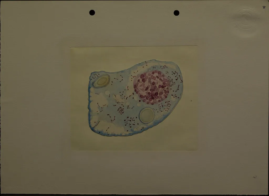 Desenul redă o secțiune o secțiune printr-o celulă (?), mărită. Este realizat de Dimitrie Voinov, în acuarelă, probabil când erea elev, student sau tânăr cercetător. Dimitrie Voinov (1867 - 1951) a fost un biolog, zoolog, histolog, citolog, fondatorul școlii românești de citologie. Din 1927, a devenit membru titular al Academiei Române., by Dimitrie Voinov