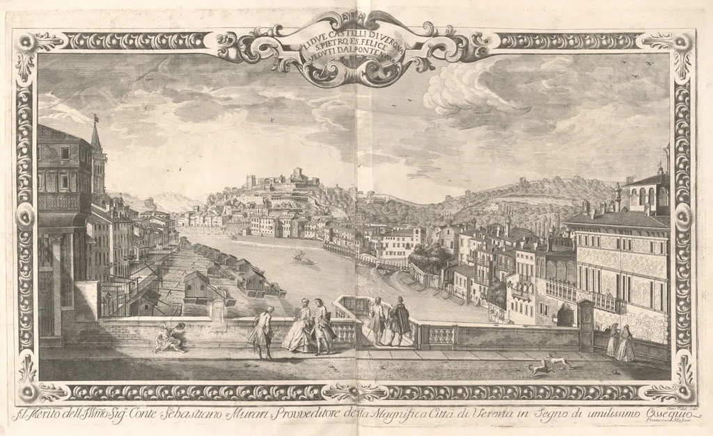 Lidue Castelli di Verona, S. Pietro Felice, Veduti dal Ponte Nuovo, by Dionigi Valesio, ink, 1747