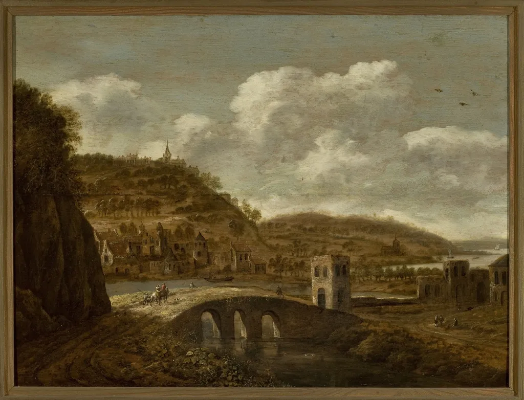 Mountain landscape with a bridge, by Dionys Verburg, oil, 1698