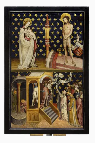 Diptych from the Winterfeld family foundation right wing: Maria lactans and Christ as Vir Dolorum [Man of Sorrows] (upper area), Ecce Homo (lower area); reverse: Mocking (upper area), flagella