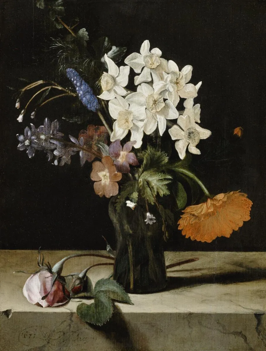 Narzissen und andere Blumen in Glasvase auf einer Marmorplatte, by Dirck de Bray, oil, 1673
