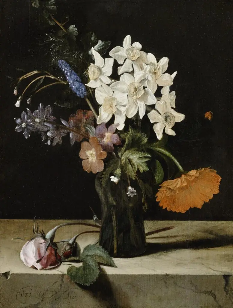Narzissen und andere Blumen in Glasvase auf einer Marmorplatte, by Dirck de Bray