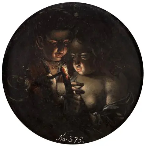Boy and girl, lighting a candle, by Dirck de Quade van Ravesteyn