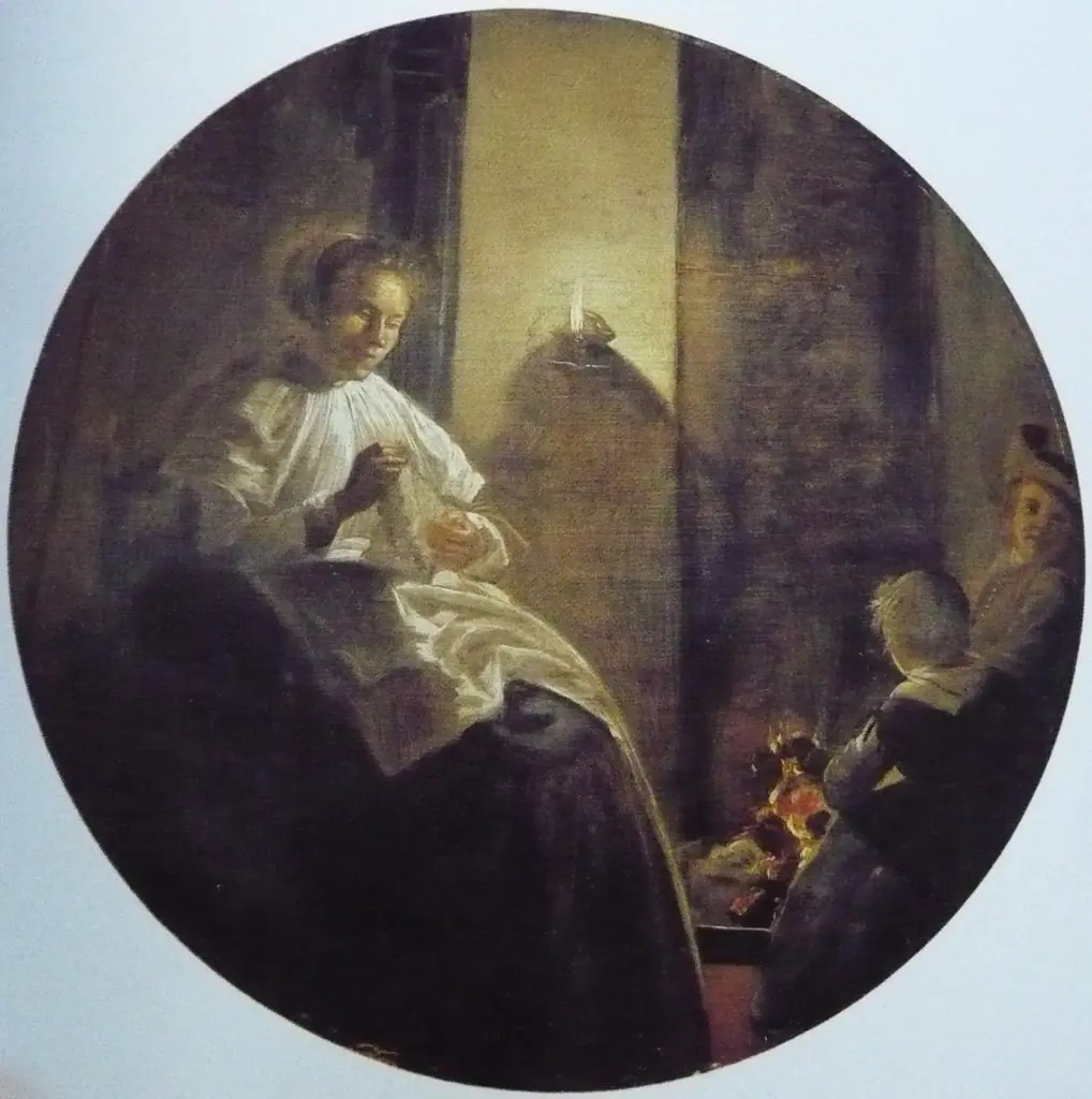 A Woman Sewing by Candlelight, by Dirck Hals