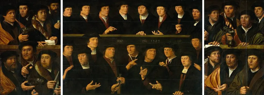 Triptych with guardsmen of the Amsterdam Kloveniersdoelen (headquarters of the arquebusiers’ civic guard), by Dirck Jacobsz
