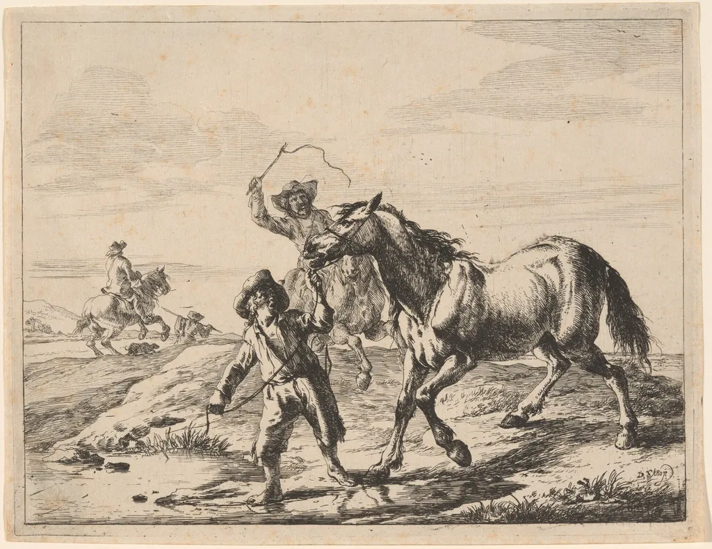 A Boy Taking a Horse to Drink, by Dirck Stoop, ink, 1651