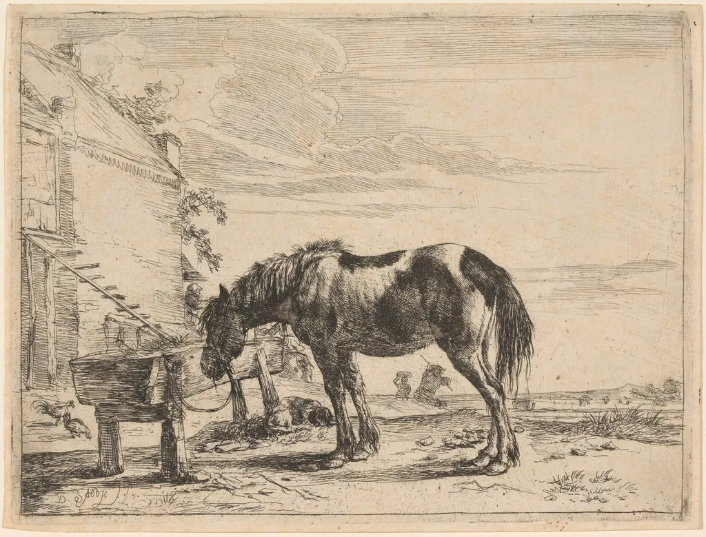 A Horse Bound to a Feeding Trough, by Dirck Stoop, ink, 1651