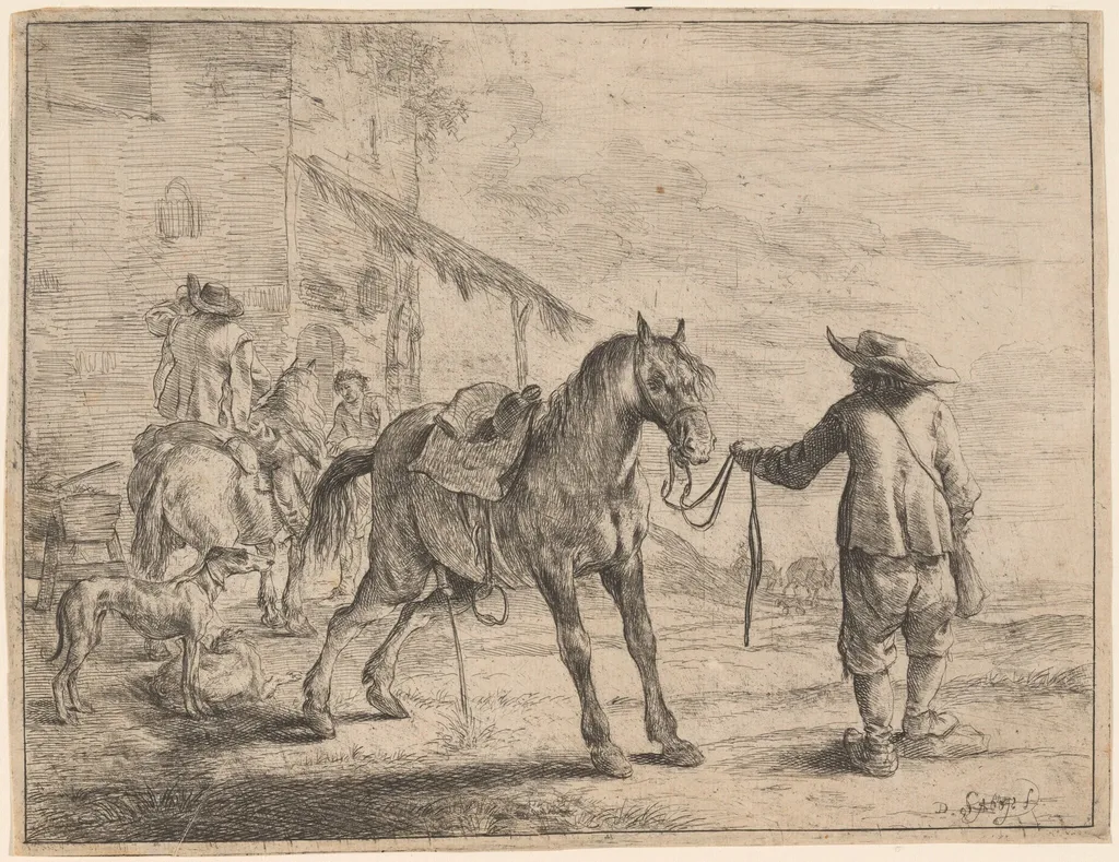 A Pissing Horse Held by a Man, by Dirck Stoop, ink, 1651