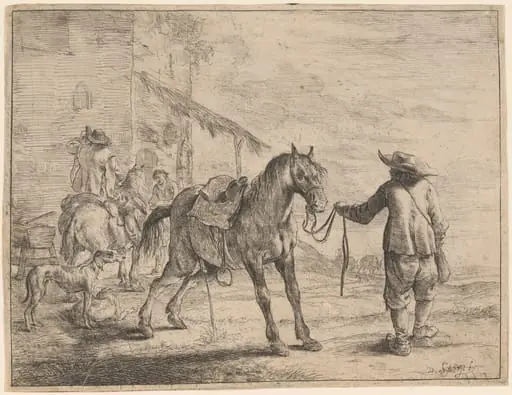 A Pissing Horse Held by a Man, by Dirck Stoop
