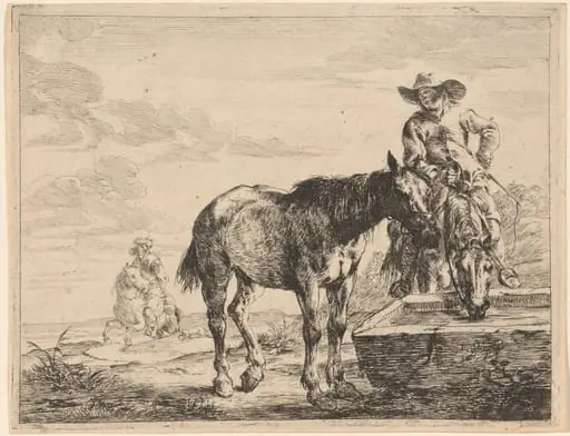 Two Horses Drinking at a Trough, by Dirck Stoop