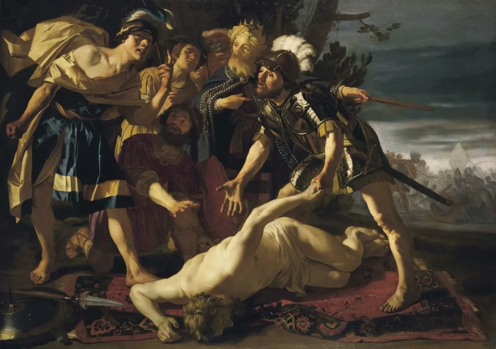 Achilles preparing to avenge the death of Patroclus, by Dirck van Baburen, oil, 1624