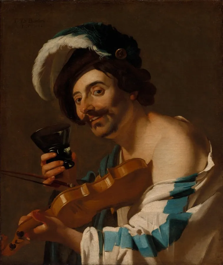 Violin Player with a Wine Glass, by Dirck van Baburen, unspecified, 1623
