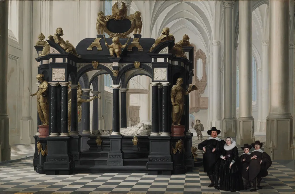 A Family beside the Tomb of Prince William I in the Nieuwe Kerk, Delft, by Dirck van Delen, oil, 1645