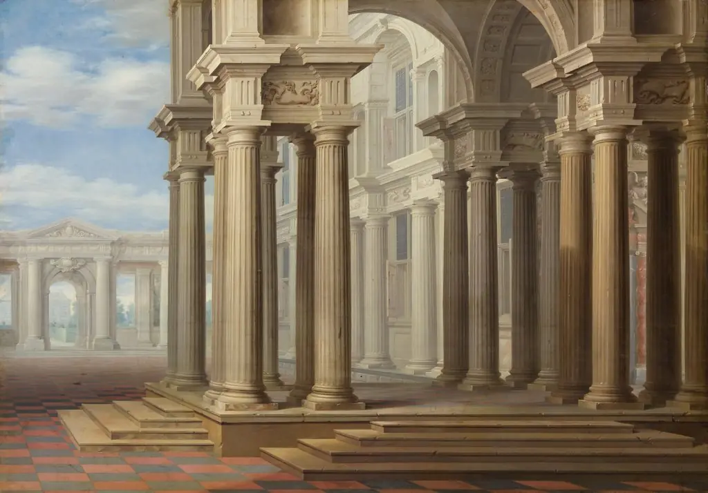 Fantasy architecture with steps and columns, by Dirck van Delen
