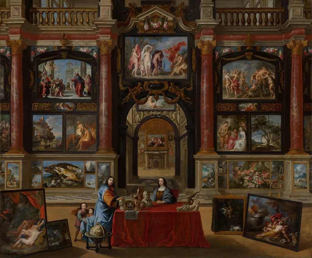 Intérieur avec personnages devant une collection de peintures, by Dirck van Delen, oil, 1650