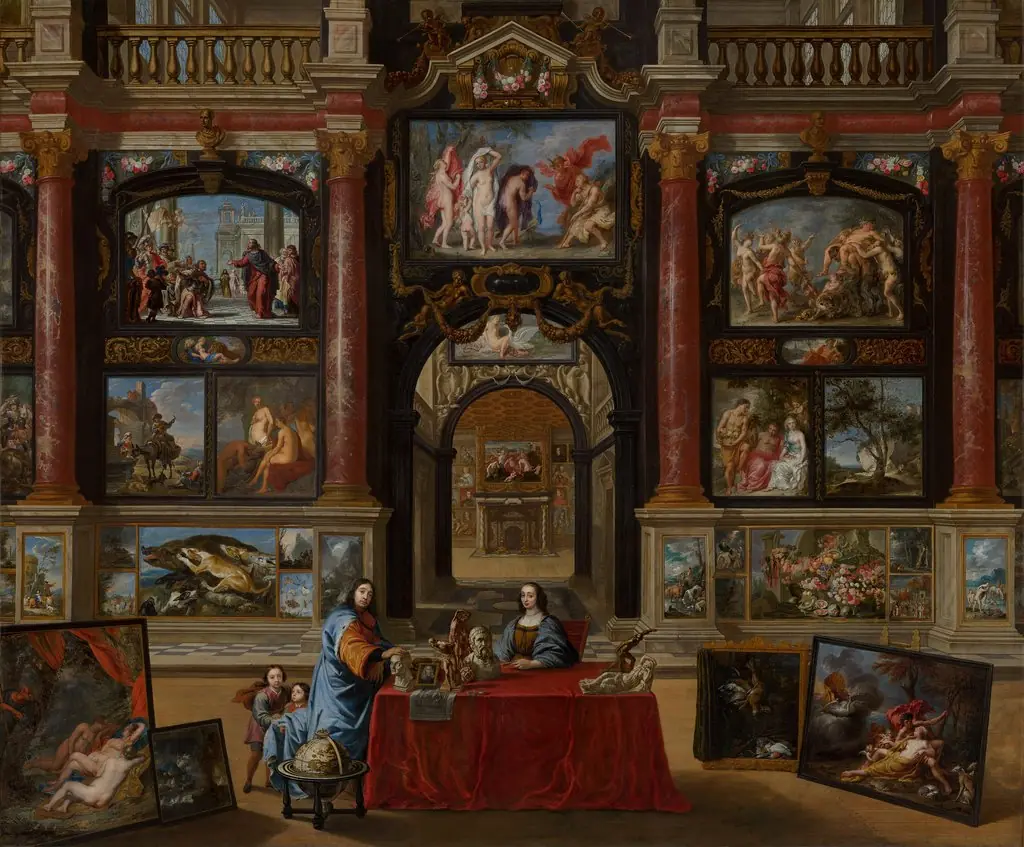 Intérieur avec personnages devant une collection de peintures, by Dirck van Delen