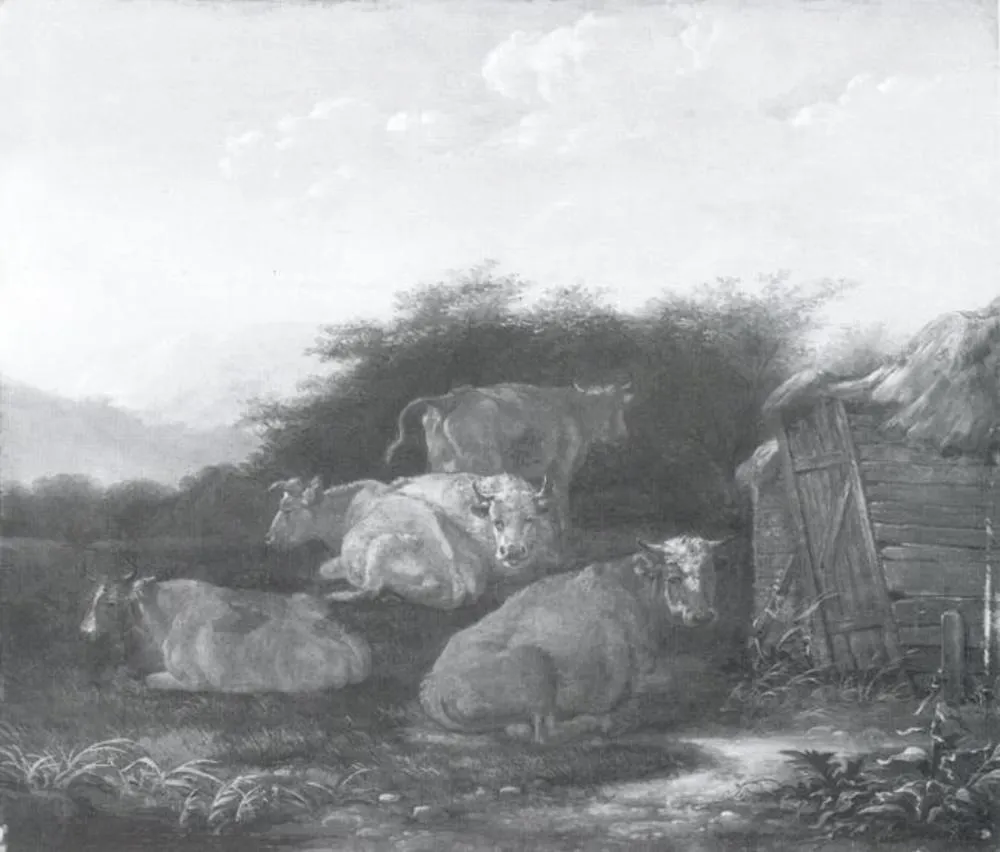 Cattle near a Barn, by Dirck van der Bergen, oil, 1672