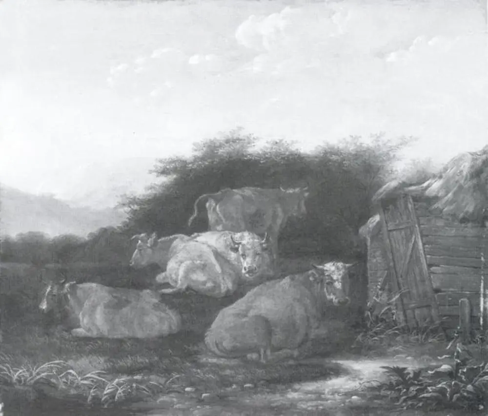 Cattle near a Barn, by Dirck van der Bergen