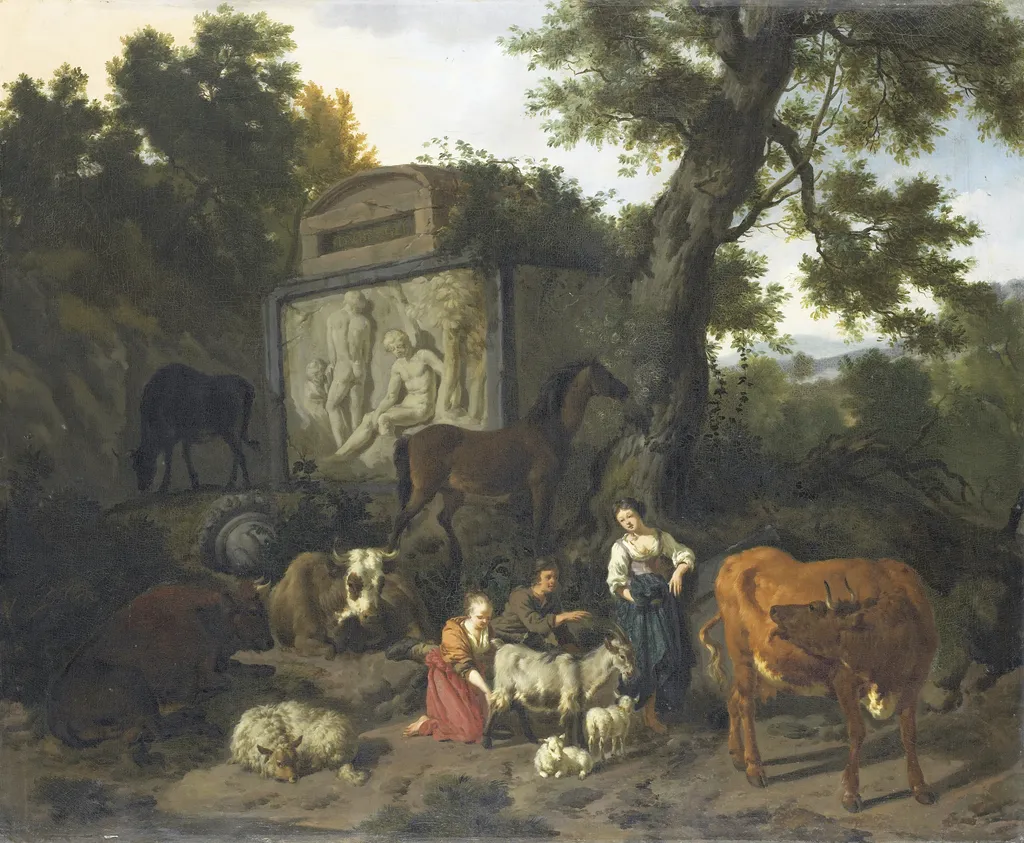 Landscape with herdsmen and cattle near a tomb, by Dirck van der Bergen, oil, 1675