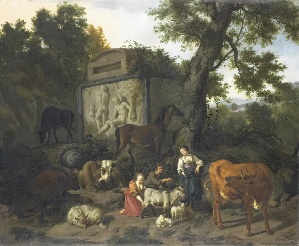 Landscape with herdsmen and cattle near a tomb, by Dirck van der Bergen
