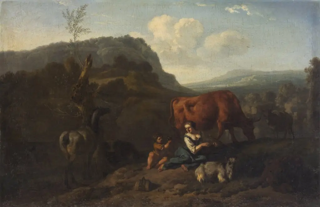 Mountainous landscape with a shepherdess and cows, by Dirck van der Bergen