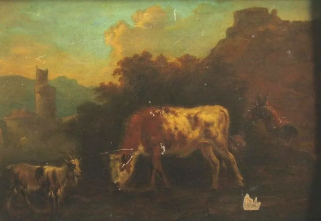 Vaca și capra la pârâu, by Dirck van der Bergen, unspecified