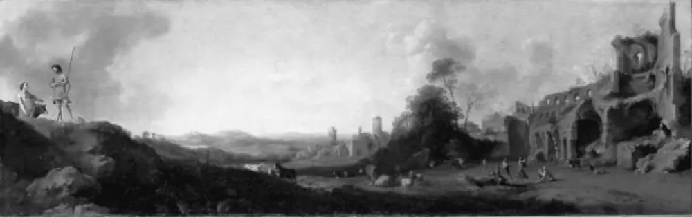 Landcape with shepherds dancing near classical ruins, by Dirck van der Lisse